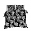 Lenjerie de pat dublu bumbac 100% ranforce cu design de frunze în nuanțe de negru și alb, set de 4 piese