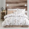Lenjerie de pat dublu bumbac 100% ranforce model Almira cu design floral în nuanțe de bej și crem