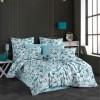 Lenjerie de pat dublu bumbac 100% ranforce model Girasol Mint cu design vegetal în nuanțe de mint și alb