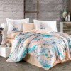 Lenjerie de pat din bumbac satinat Hobby Home cu model flori turcoaz și piersică pe fundal alb