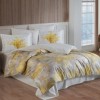 Lenjerie de pat Silvana cu design abstract în nuanțe de galben și gri, motive de flori galbene, bumbac satinat, marca Hobby Home.