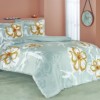 Lenjerie de pat verde mentă din bumbac satinat Romy cu flori galbene, set de 4 piese, decor elegant și sofisticat