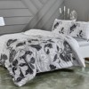 Lenjerie de pat gri din bumbac satinat Sharon cu flori negre, set de 4 piese, decor elegant și sofisticat