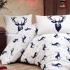 Lenjerie Craciun dublu polycotton cu reni albastru pe alb si verso carouri
