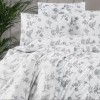Lenjerie de pat dublu alba cu imprimeu de flori gri, din bumbac 100% creponat, set de 4 piese.