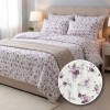 Lenjerie de pat dublu alba din bumbac 100% creponata cu model floral lila