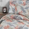 Lenjerie de pat dublu cu imprimeu de frunze palmier, din bumbac 100% creponat, set complet.