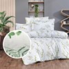 Lenjerie pat dublu creponata alba cu frunze verzi, bumbac 100%, cu elastic pentru saltea 180x200 cm.
