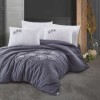 Lenjerie de pat cu broderie 6 piese Class Home Collection Aden, broderie florală, fundal gri închis, bumbac 100% ranforce