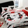 Lenjerie de pat dublu Disney Minnie și Mickey Amour, imprimeu alb-negru roșu cu elemente fosforescente, 4 piese, bumbac.