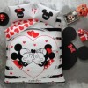 Lenjerie de pat dublu Disney Minnie și Mickey Amour, imprimeu alb-negru roșu cu elemente fosforescente, 4 piese, bumbac.