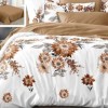 Lenjerie de pat dublu cu flori maro și crem din finet, 6 piese, model floral pe fundal alb, cearceaf maro plat