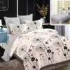 Lenjerie de pat dublu cu păpădii și inimioare din finet, 6 piese, model floral cu inimioare pe fundal crem, cearceaf gri plat.