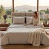 Lenjerie de pat dubla bumbac 100% satinat Bej cu flori albe, bej, 4 piese, fabricata in Romania