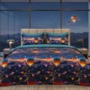 Lenjerie de pat dubla bumbac 100% satinat Cappadocia cu baloane colorate pe fundal nocturn, 4 piese, fabricata in Romania