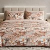 Lenjerie de pat dubla cu elastic din bumbac 100% reversibila flori albe si cearceaf de pat uni, 4 piese, fabricata in Romania