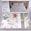 Lenjerie de pat dubla cu elastic din bumbac 100% reversibila model flori de primavara verde elegant, 4 piese, fabricata in Romania