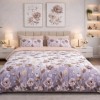 Lenjerie de pat dubla cu elastic din bumbac 100% reversibila flori maro bej elegant natural, 4 piese, fabricata in Romania
