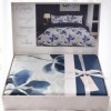 Lenjerie de pat dubla cu elastic din bumbac 100% reversibila model frunze albastre elegant, 4 piese, fabricata in Romania