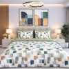 Lenjerie de pat dubla cu elastic din bumbac 100% reversibila model patrate multicolore modern, 4 piese, fabricata in Romania