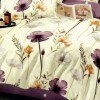 Set lenjerie de pat finet 6 piese cu flori mov, galben pe fundal crem, cearceaf pilota 200x220 cm