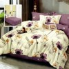 Set lenjerie de pat finet 6 piese cu flori mov, galben pe fundal crem, cearceaf pilota 200x220 cm