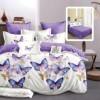 Set lenjerie de pat finet 6 piese cu fluturi lila si auriu pe fundal alb, cearceaf pilota 200x220 cm