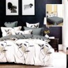 Set lenjerie de pat finet 6 piese cu frunze gri albastrui si bej pe fundal crem, cearceaf pilota 200x220 cm