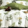 Set lenjerie de pat finet 6 piese cu frunze verzi pe fundal crem, cearceaf pilota 200x220 cm