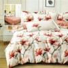 Set lenjerie de pat finet 6 piese cu magnolii roz si bej pe fundal crem, cearceaf pilota 200x220 cm