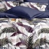 Set lenjerie de pat finet 6 piese cu Frunze tropicale Bleumarin/Violet pe fundal crem, cearceaf pilota 200x220 cm