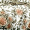 Set lenjerie de pat finet 6 piese cu trandafiri piersica si frunze verzi  pe fundal crem, cearceaf pilota 200x220 cm