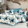 Lenjerie pat finet alb bleu, model cu fluturi bleu si cercuri decorative gri, set 6 piese cu cearsaf 230x250