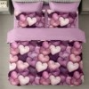 Lenjerie de pat dublu din finet cu 6 piese inimi roz mov, design romantic