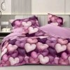 Lenjerie de pat dublu din finet cu 6 piese inimi roz mov, design romantic
