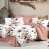 Lenjerie pat finet cu trandafiri roz pe alb si cearsaf roz pudra uni, set 6 piese cu pilota 200x220
