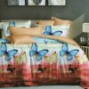 Lenjerie de pat dublu finet cu fluturi albastri și galbeni pe fundal multicolor, 6 piese