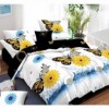 Lenjerie de pat dublu din finet, 6 piese, cu design floral vibrant, fluturi galbeni și margarete pe fundal alb și negru