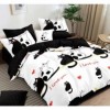 Lenjerie de pat dublu din finet, 6 piese, cu design pisici alb-negru și mesaje 