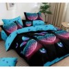 Lenjerie de pat dublu din finet, 6 piese, cu design inimi roz și fluturi pe fundal negru și albastru