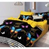 Lenjerie de pat dublu din finet, 6 piese, design fluturi colorati pe fundal negru cu accente galbene, include cearșaf cu elastic