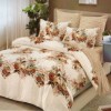 Lenjerie de pat dublu din finet, 6 piese, design floral bogat crem, portocaliu și verde