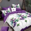 Lenjerie de pat dublu din finet, 6 piese, cu design vibrant de fluturi colorați pe fundal alb și mov
