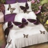 lenjerie de pat dublu, finet, 6 piese, design fluturi, fluturi mov, fundal alb, eleganță, confort, modern, prospețime