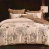 Lenjerie de pat dublu din finet, 6 piese, model flori elegante, culori crem și maro