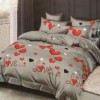 Lenjerie de pat dublu din finet cu 6 piese, design romantic cu inimioare roșii, negre și albe pe fundal gri