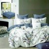 Lenjerie de pat dublu din finet, 6 piese, cu design de flori și păsări pe fundal alb și albastru