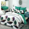 Lenjerie de pat dublu din finet cu 6 piese, design elegant cu pene colorate în nuanțe de violet, verde și maro pe fundal alb