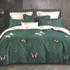 Lenjerie de pat dublu din finet cu 6 piese, Ralex Pucioasa, cod FN63, design elegant cu fluturi colorați pe fundal verde închis