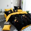 Lenjerie de pat dublu din finet, 6 piese, cu design modern de stele colorate pe fundal negru și galben